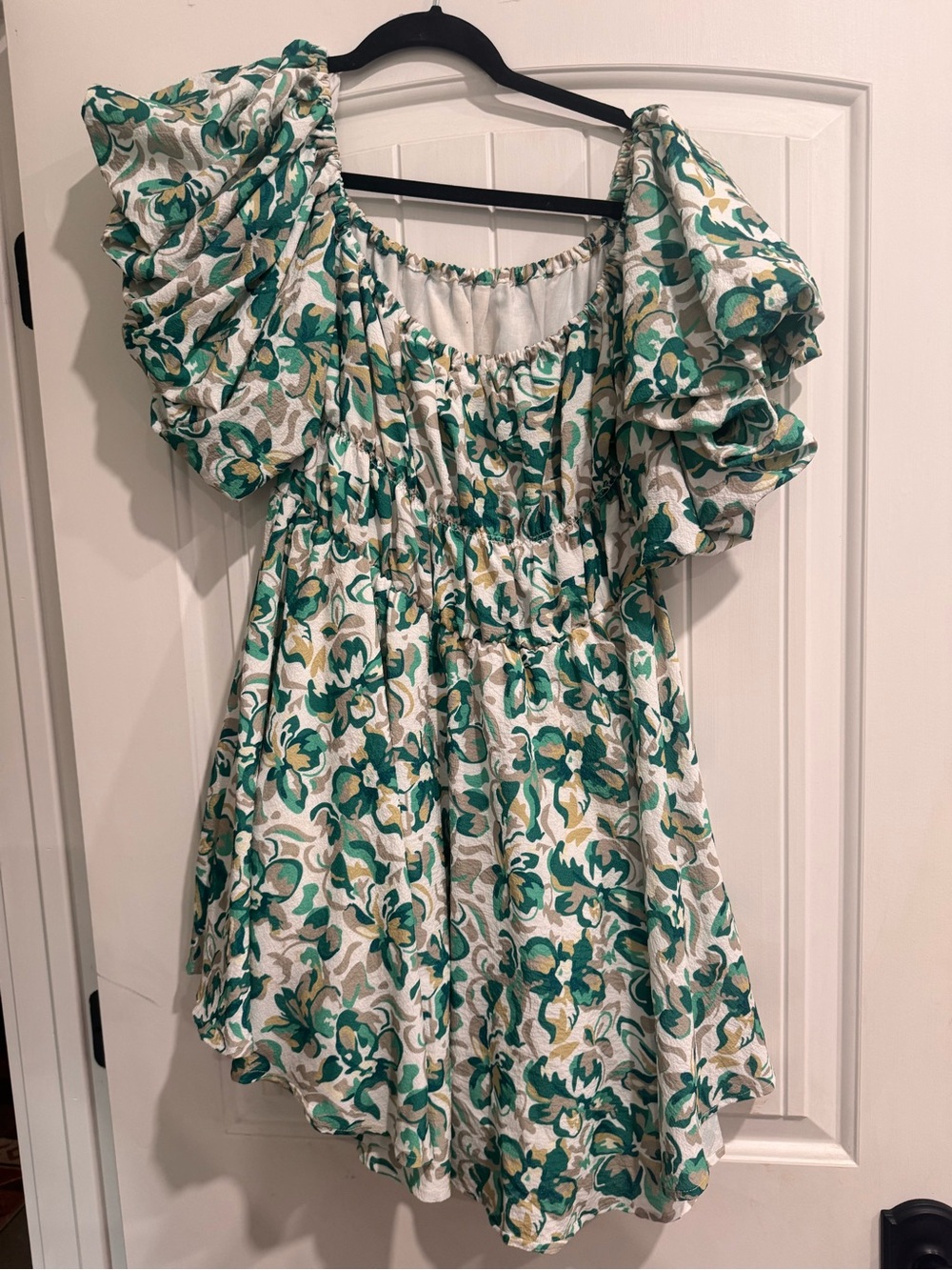Women’s Green Floral Puff-Sleeve Dress
